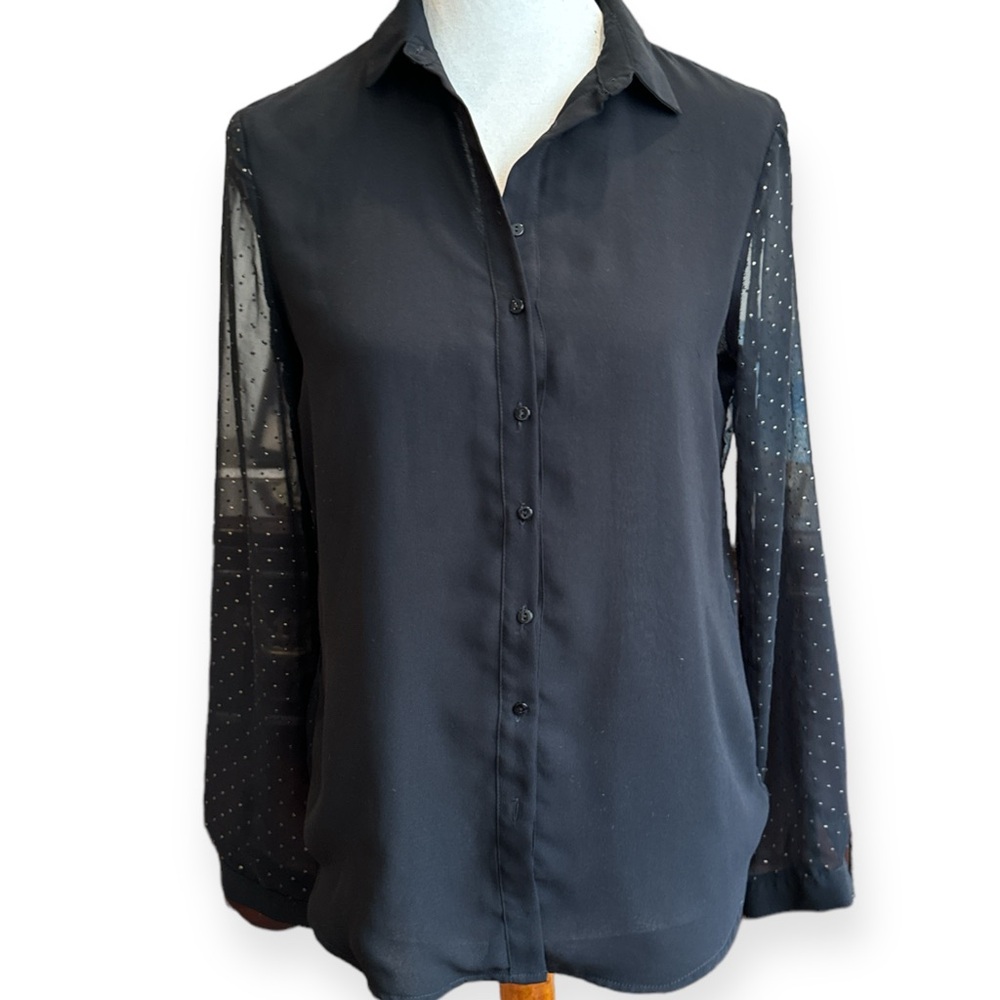 Zara Basic Black Button Down Sheer Back Dots Long… - image 1
